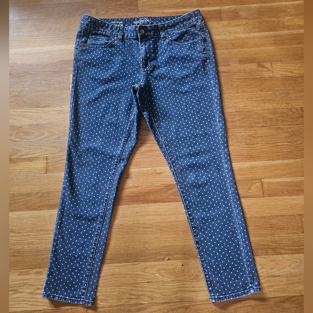 Merona Ankle Skinny Blue White Polka Dot Stretch Jeans Women's Size 12